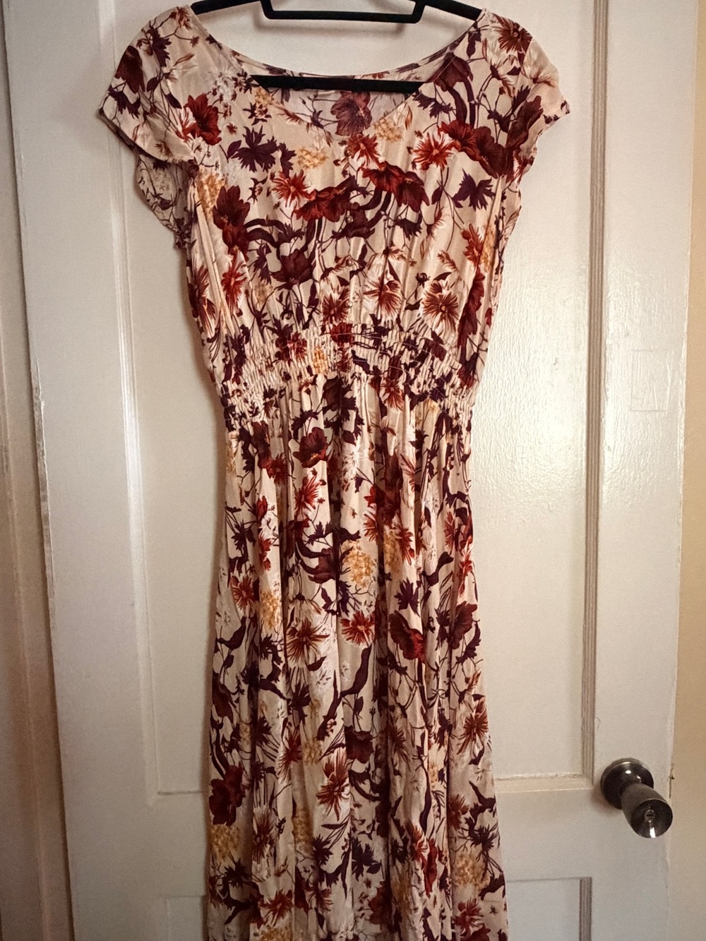 Floral Cream Maxi Dress with Burgundy and Mustard Print